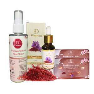 Kumkumadi Night Routine Combo | Kumkumadi Miracle Face Serum (15 ml) | Premium Natural Rose Water (100 ml) | Kumkumadi Soap (120g-125g) pack of 2)